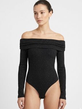 Ardene Black Glitter Off-Shoulder Bodysuit Size XS| Glam Night Out Sparkle Fit
